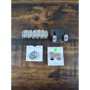 2 Pairs Rhinestone Clip on Earrings, Stretch‎ Bracelet, And Adjustable Ring